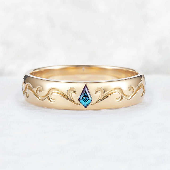 Mens Baguette Cut Moss Agate Stone Leafy Wedding Band