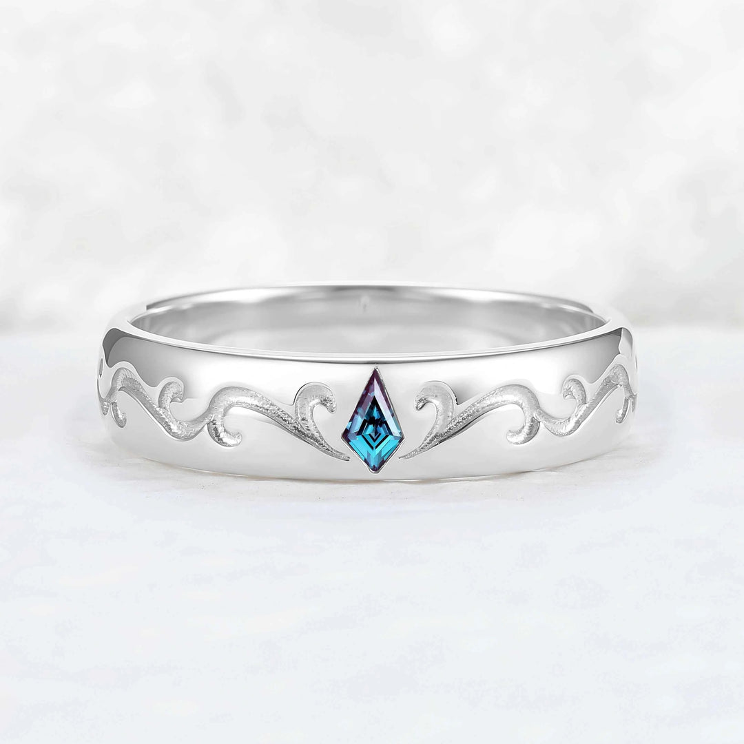 Mens Baguette Cut Moss Agate Stone Leafy Wedding Band