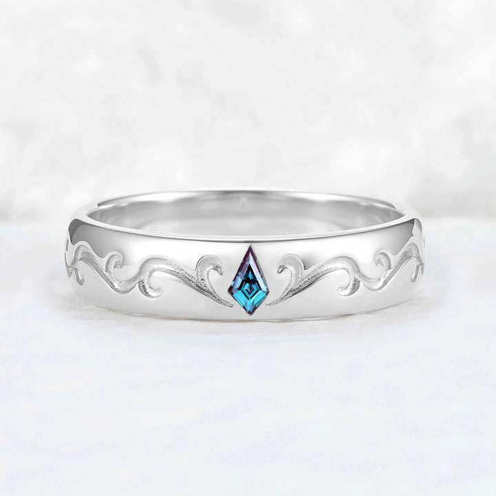 Mens Baguette Cut Moss Agate Stone Leafy Wedding Band