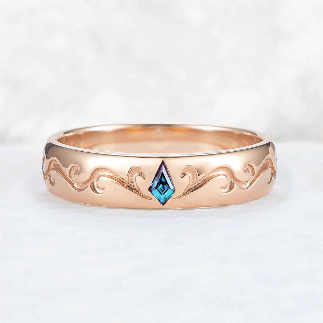 Mens Baguette Cut Moss Agate Stone Leafy Wedding Band