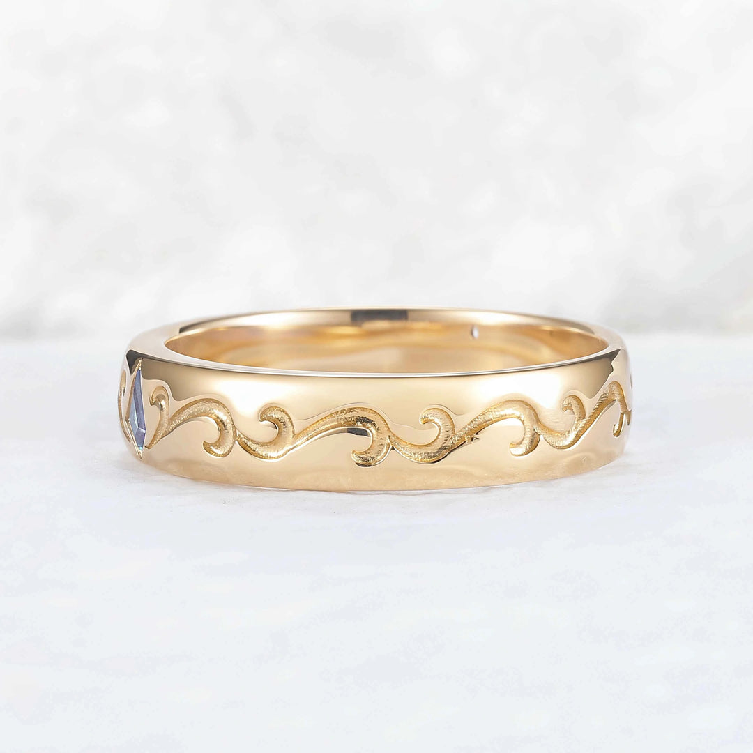 Mens Baguette Cut Moss Agate Stone Leafy Wedding Band