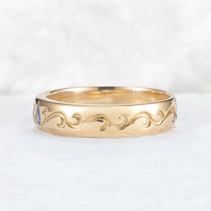 Mens Baguette Cut Moss Agate Stone Leafy Wedding Band