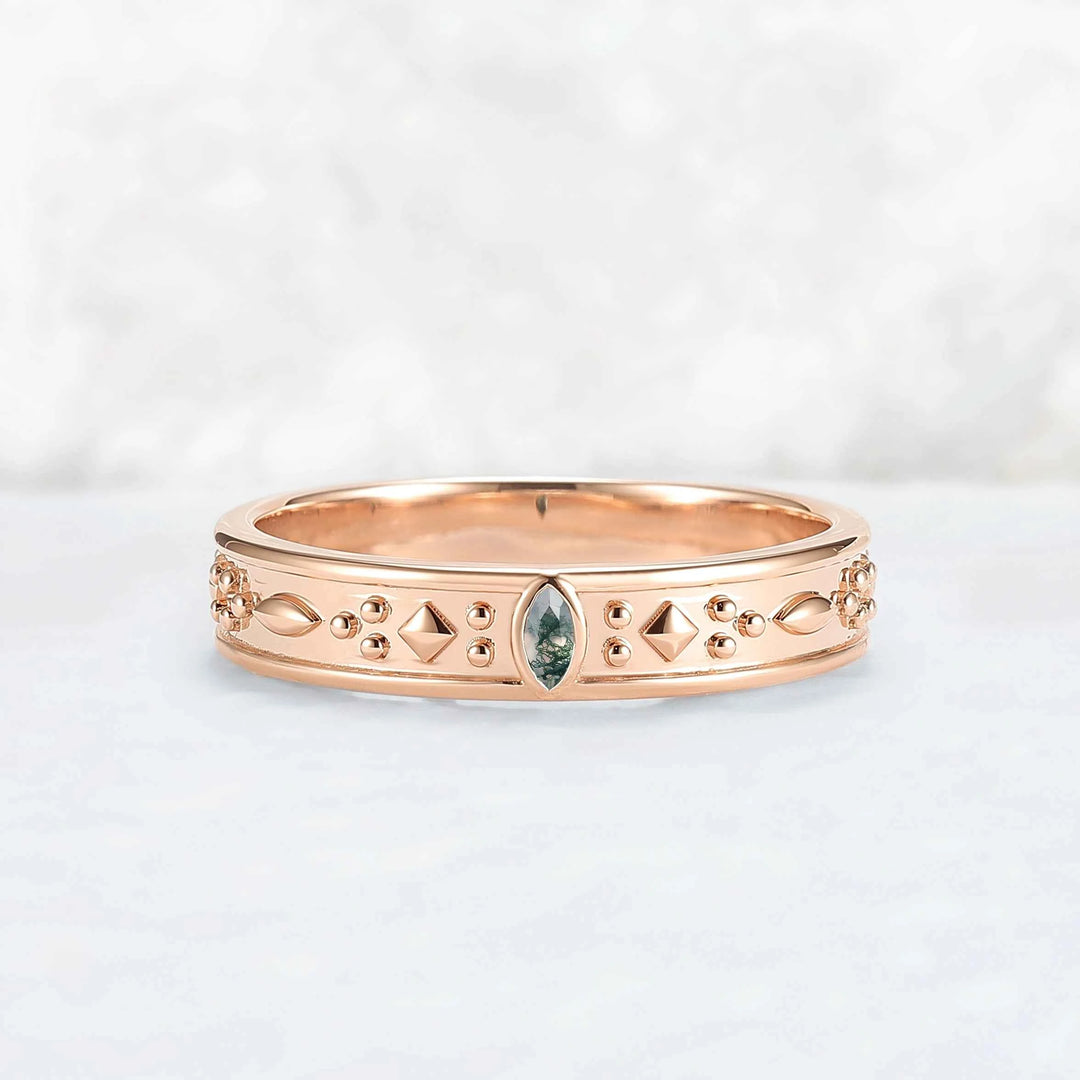 Mens One Stone Wedding Band with Pear Cut Moss Agate Inlay