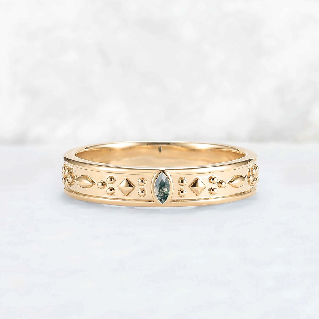 Mens One Stone Wedding Band with Pear Cut Moss Agate Inlay
