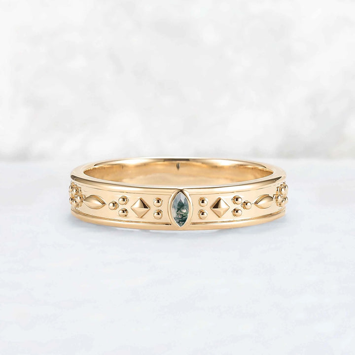 Mens One Stone Wedding Band with Pear Cut Moss Agate Inlay