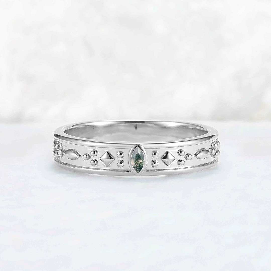 Mens One Stone Wedding Band with Pear Cut Moss Agate Inlay