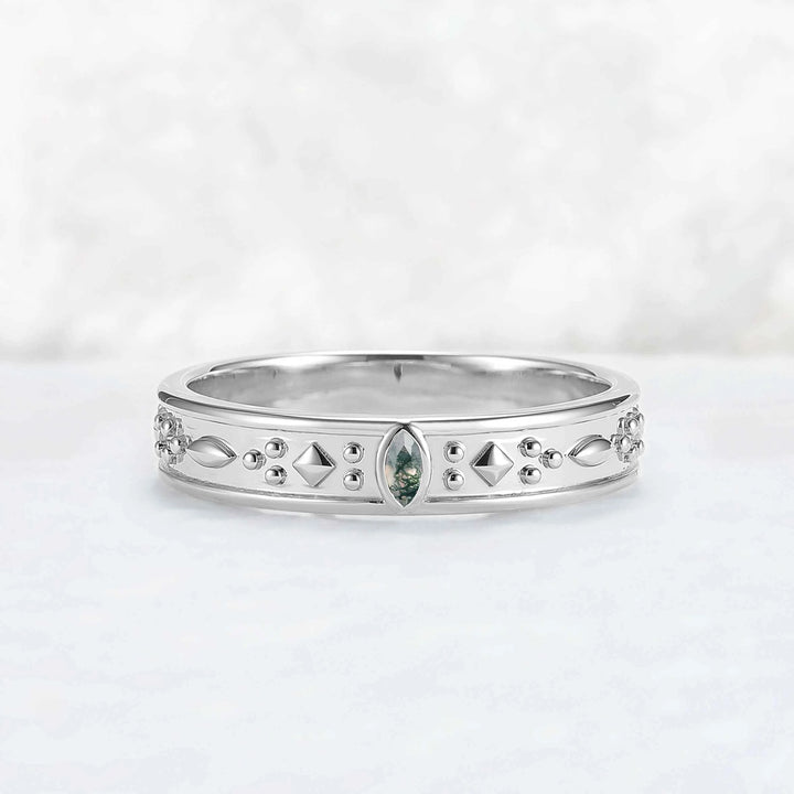Mens One Stone Wedding Band with Pear Cut Moss Agate Inlay