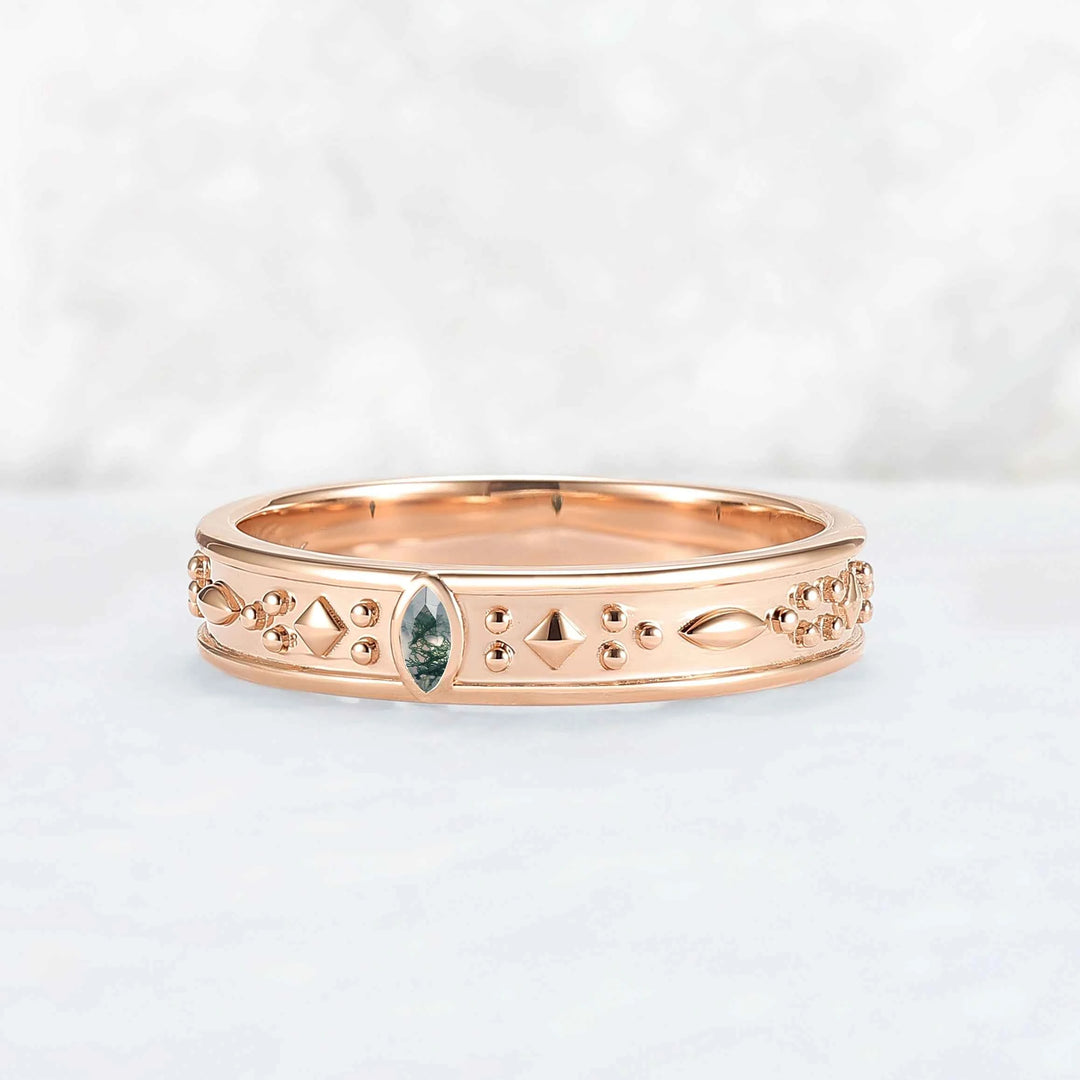 Mens One Stone Wedding Band with Pear Cut Moss Agate Inlay