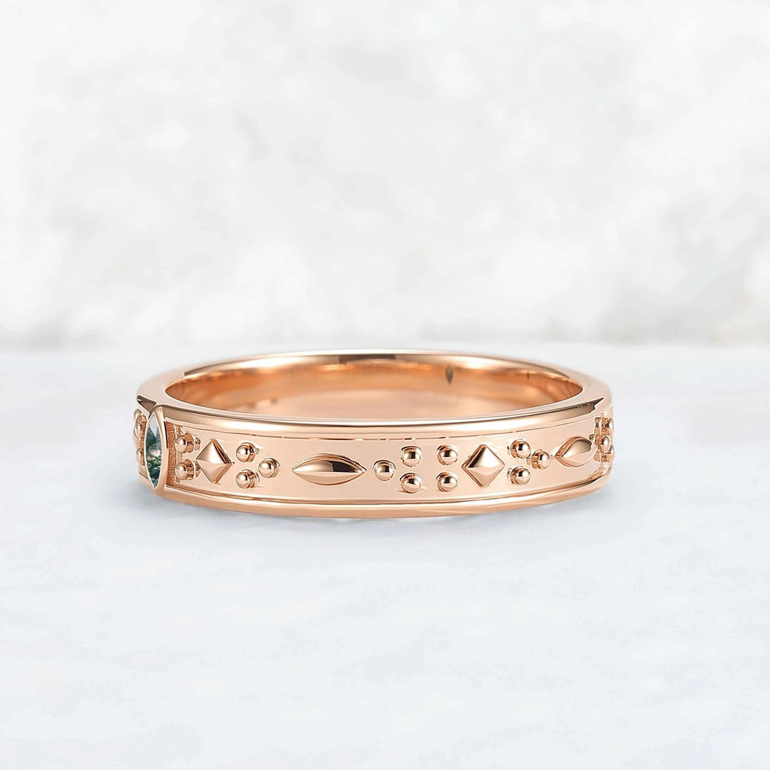 Mens One Stone Wedding Band with Pear Cut Moss Agate Inlay