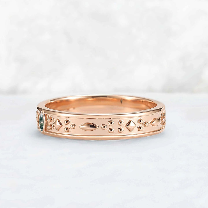 Mens One Stone Wedding Band with Pear Cut Moss Agate Inlay