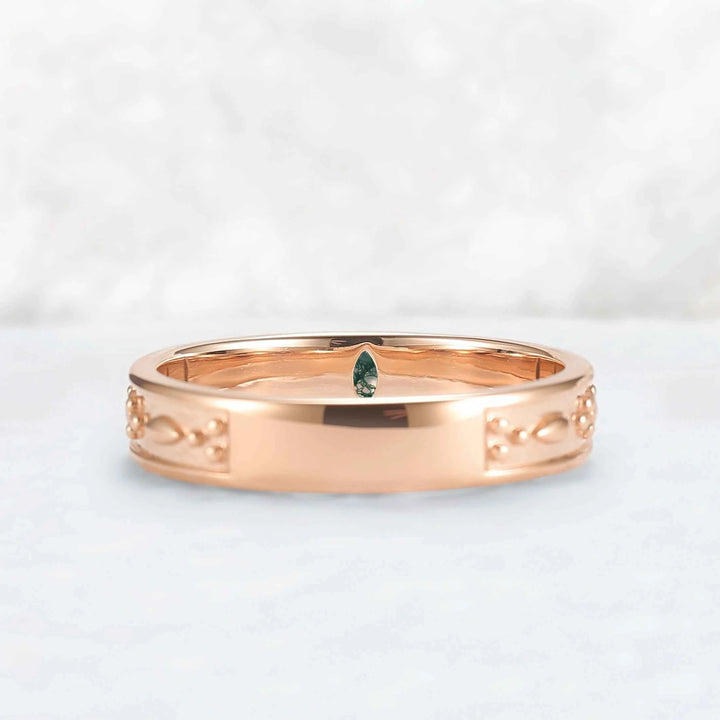 Mens One Stone Wedding Band with Pear Cut Moss Agate Inlay