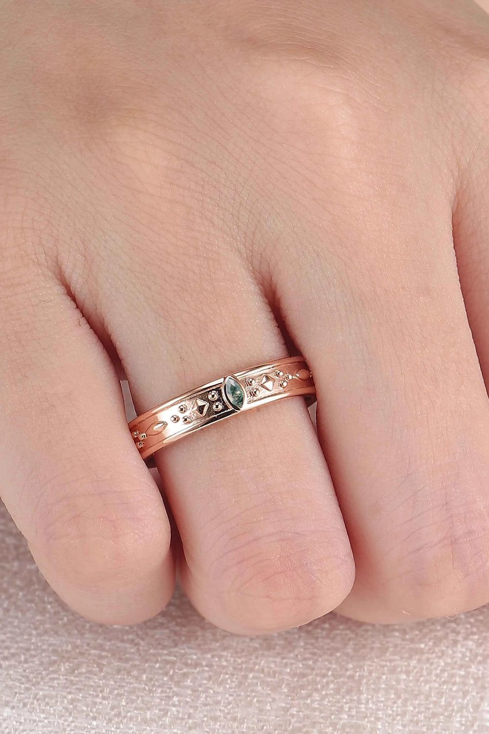 Mens One Stone Wedding Band with Pear Cut Moss Agate Inlay