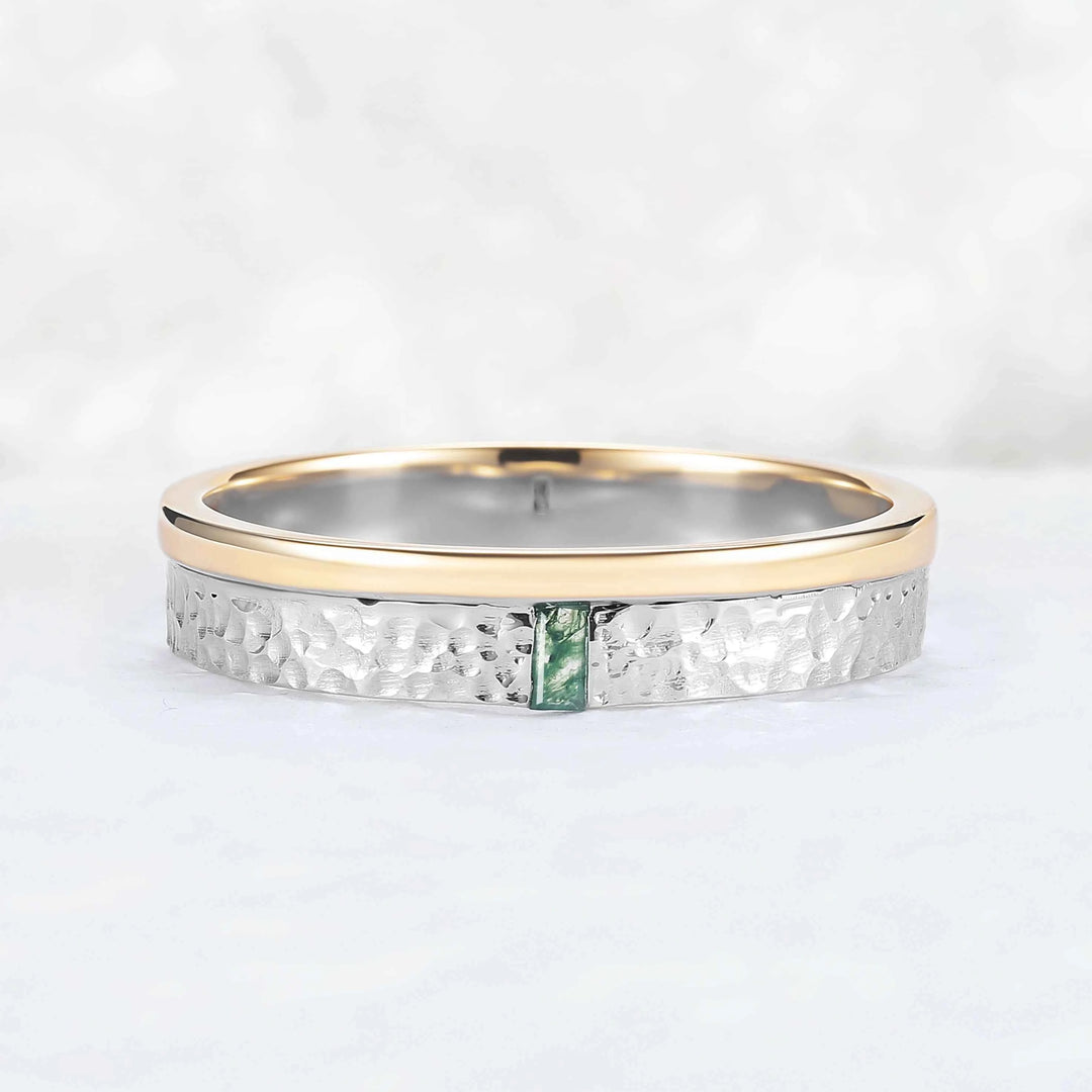 Mens One Stone Wedding Band with Single Moss Agate Inlay