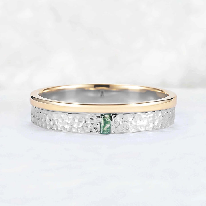 Mens One Stone Wedding Band with Single Moss Agate Inlay