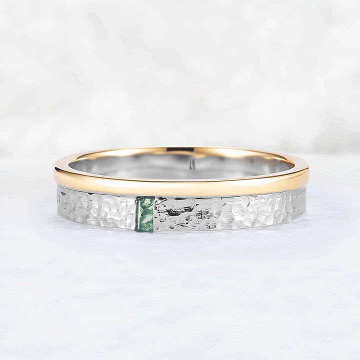 Mens One Stone Wedding Band with Single Moss Agate Inlay