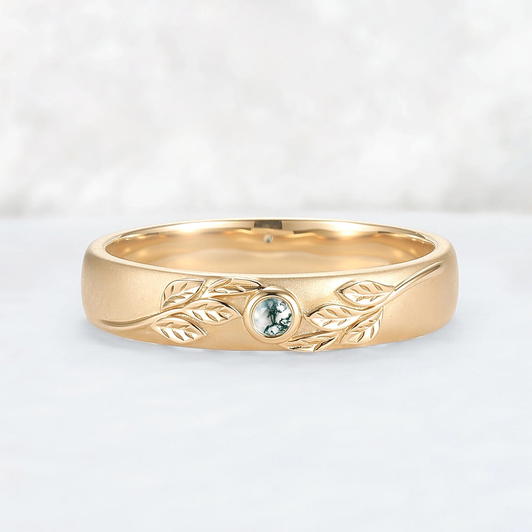 Mens Round Cut Moss Agate Stone Leafy Wedding Band