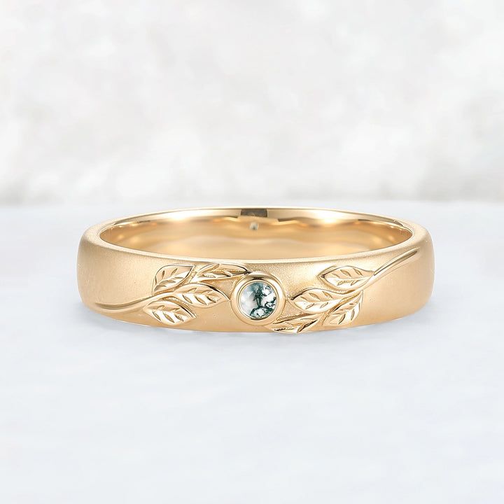 Mens Round Cut Moss Agate Stone Leafy Wedding Band