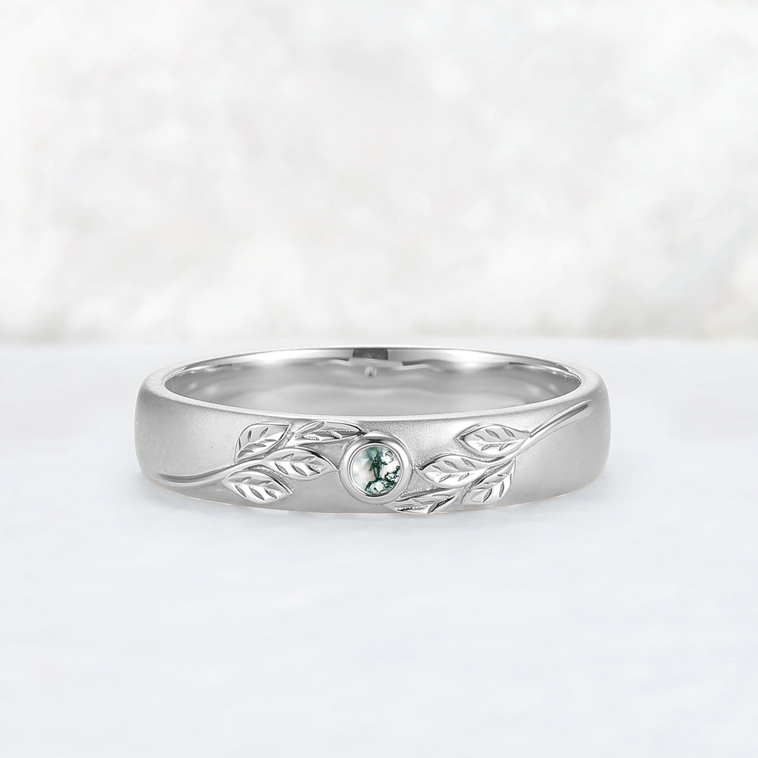 Mens Round Cut Moss Agate Stone Leafy Wedding Band