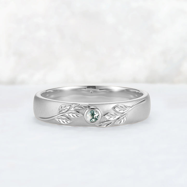 Mens Round Cut Moss Agate Stone Leafy Wedding Band