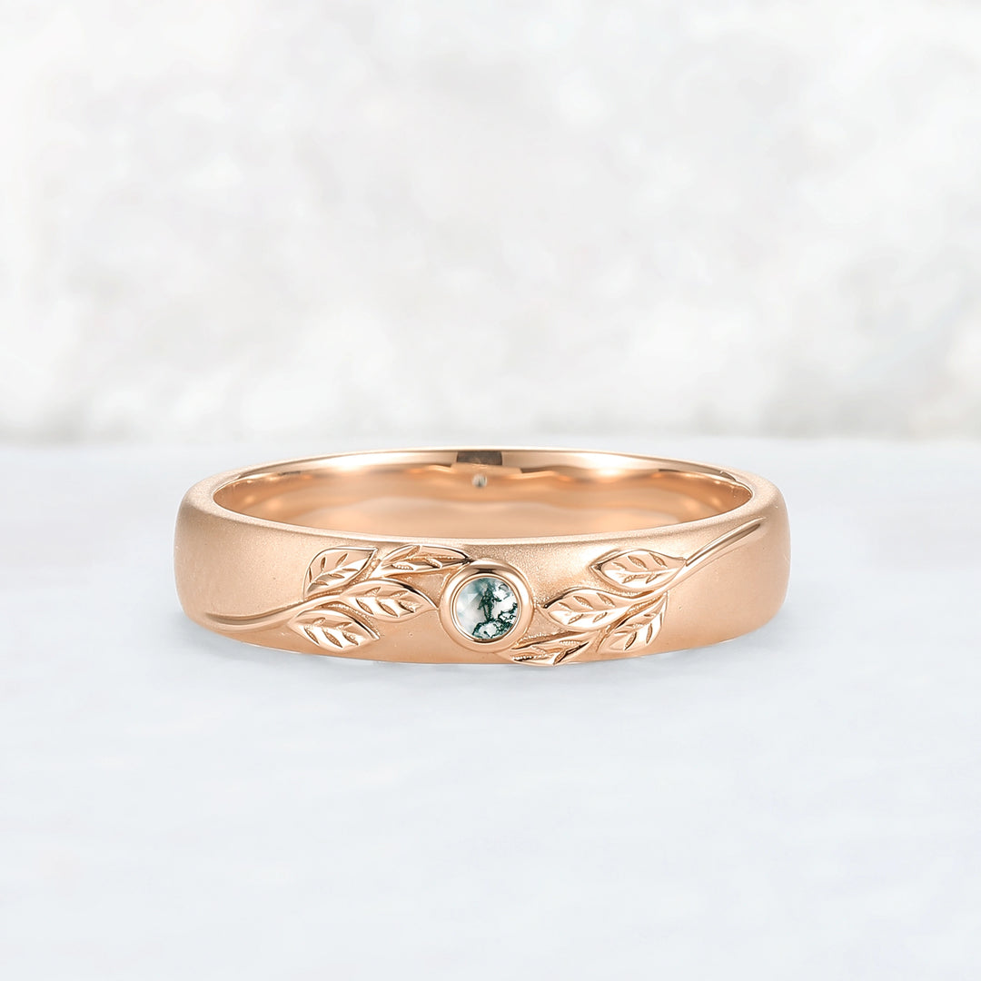 Mens Round Cut Moss Agate Stone Leafy Wedding Band