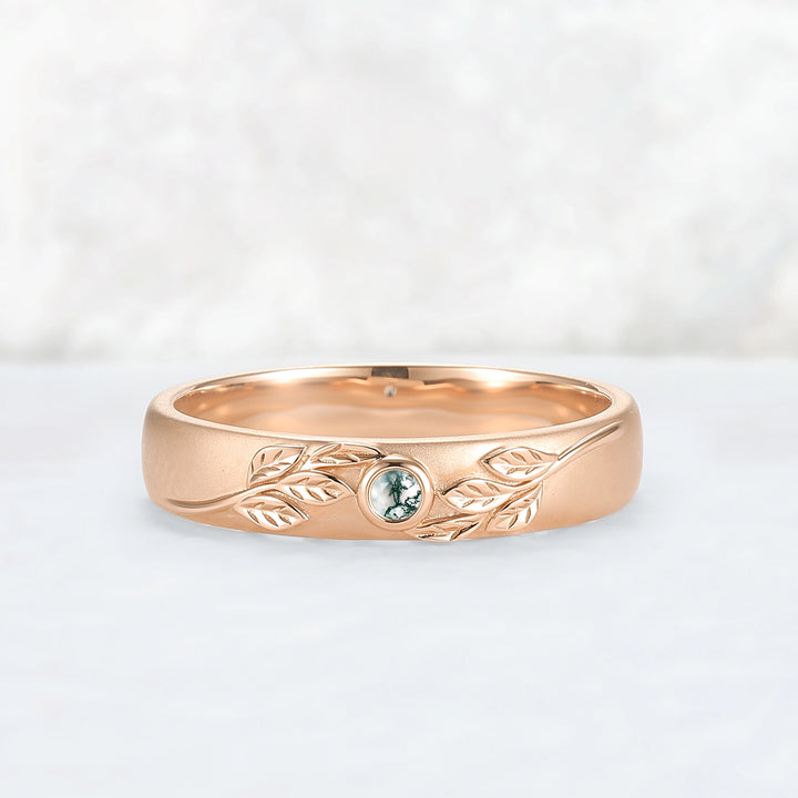 Mens Round Cut Moss Agate Stone Leafy Wedding Band