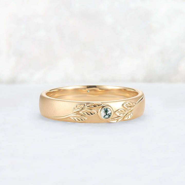 Mens Round Cut Moss Agate Stone Leafy Wedding Band