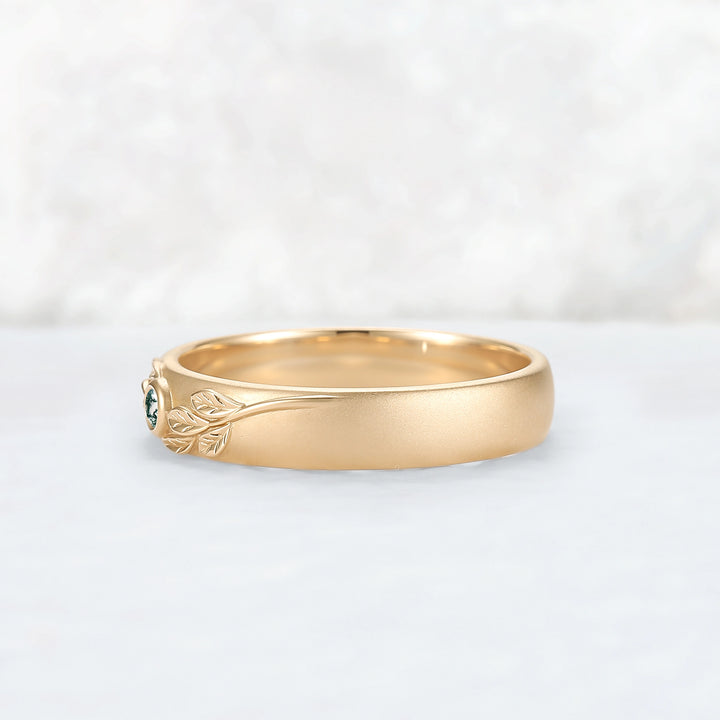Mens Round Cut Moss Agate Stone Leafy Wedding Band