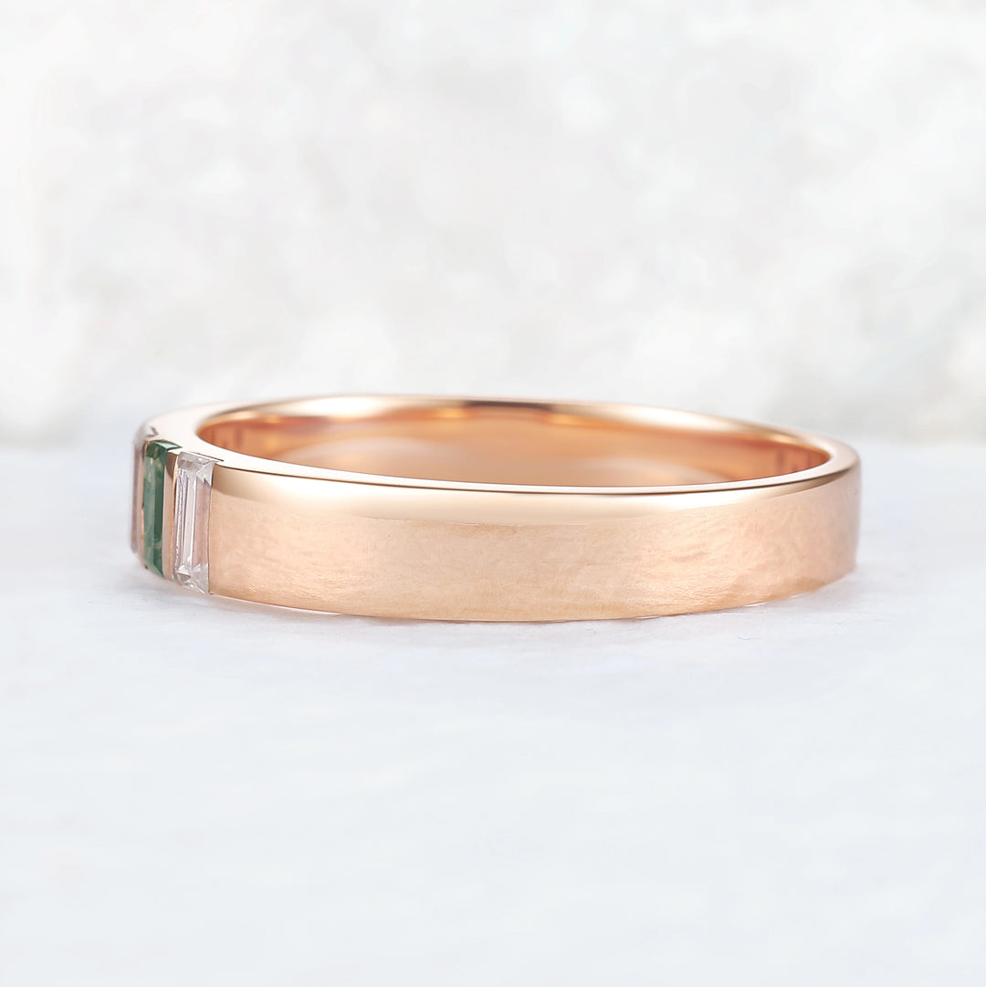 Mens Three Stones Wedding Band with Baguette Cut Moss Agate Inlay