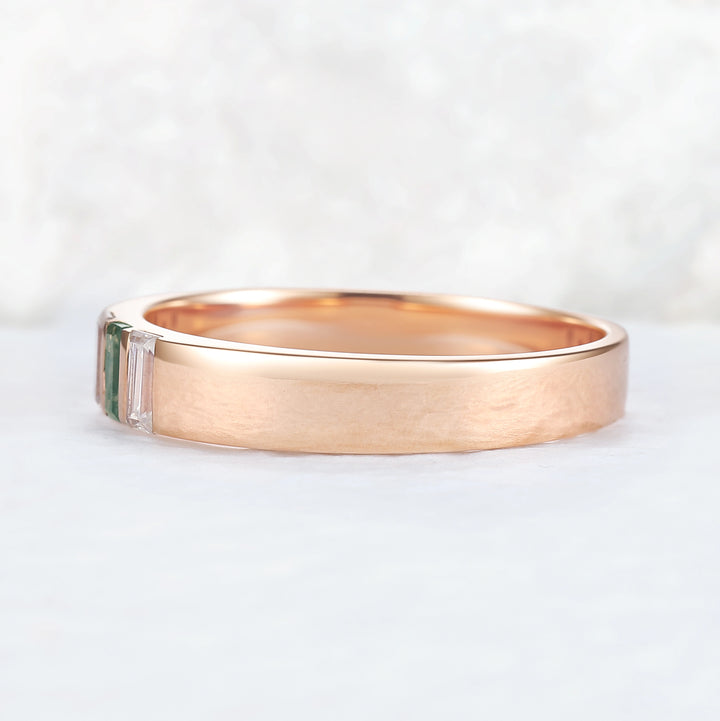 Mens Three Stones Wedding Band with Baguette Cut Moss Agate Inlay
