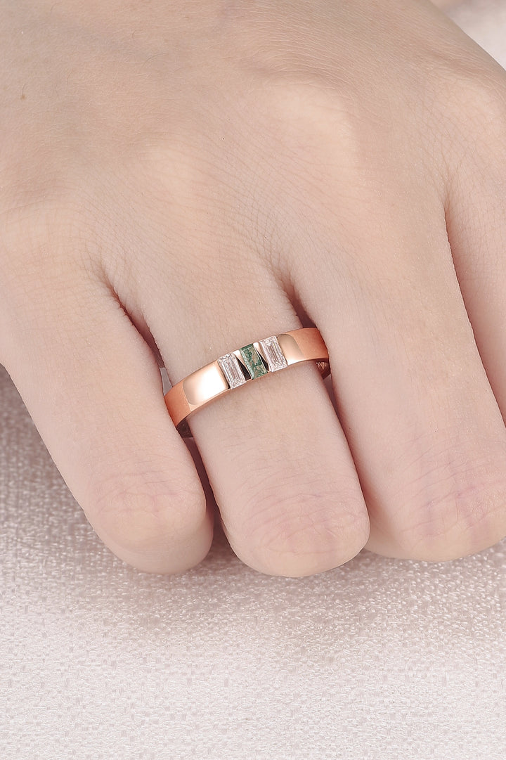 Mens Three Stones Wedding Band with Baguette Cut Moss Agate Inlay