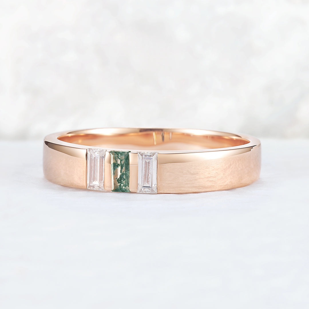 Mens Three Stones Wedding Band with Baguette Cut Moss Agate Inlay