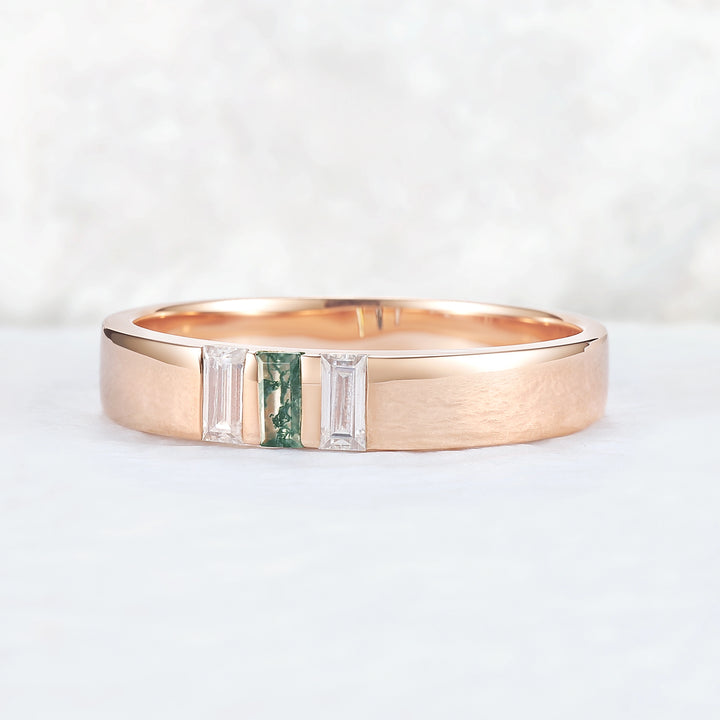 Mens Three Stones Wedding Band with Baguette Cut Moss Agate Inlay