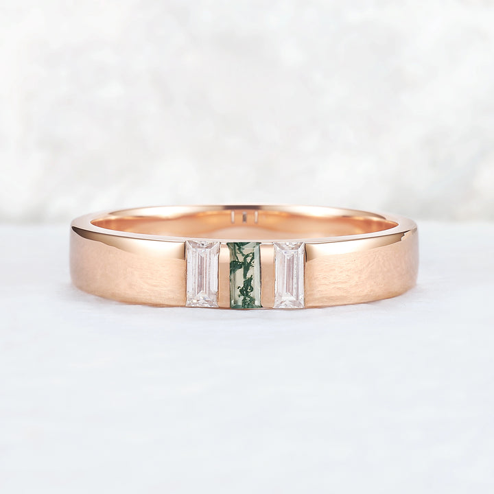 Mens Three Stones Wedding Band with Baguette Cut Moss Agate Inlay