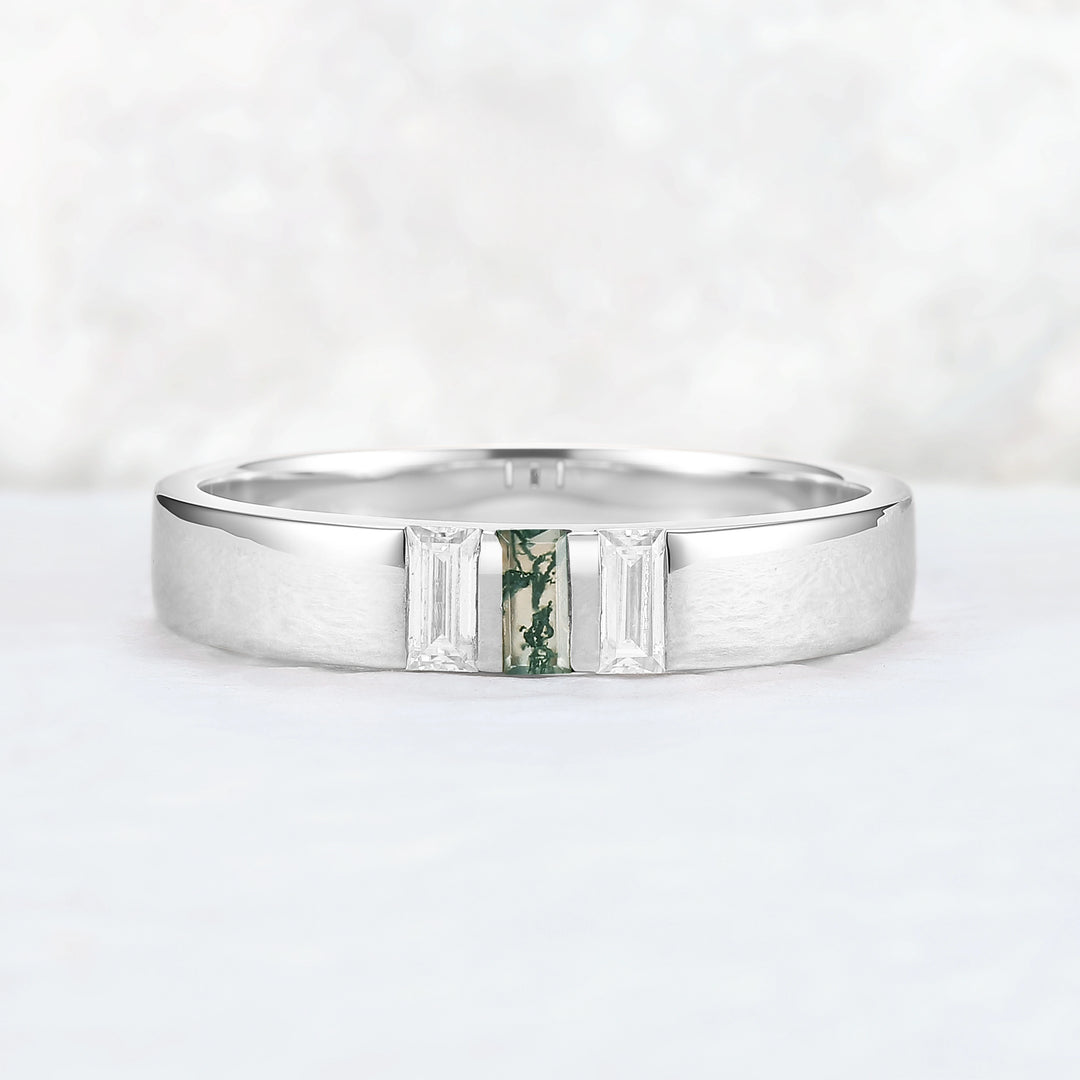 Mens Three Stones Wedding Band with Baguette Cut Moss Agate Inlay