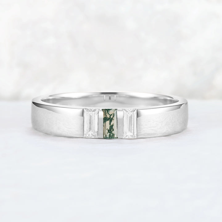 Mens Three Stones Wedding Band with Baguette Cut Moss Agate Inlay