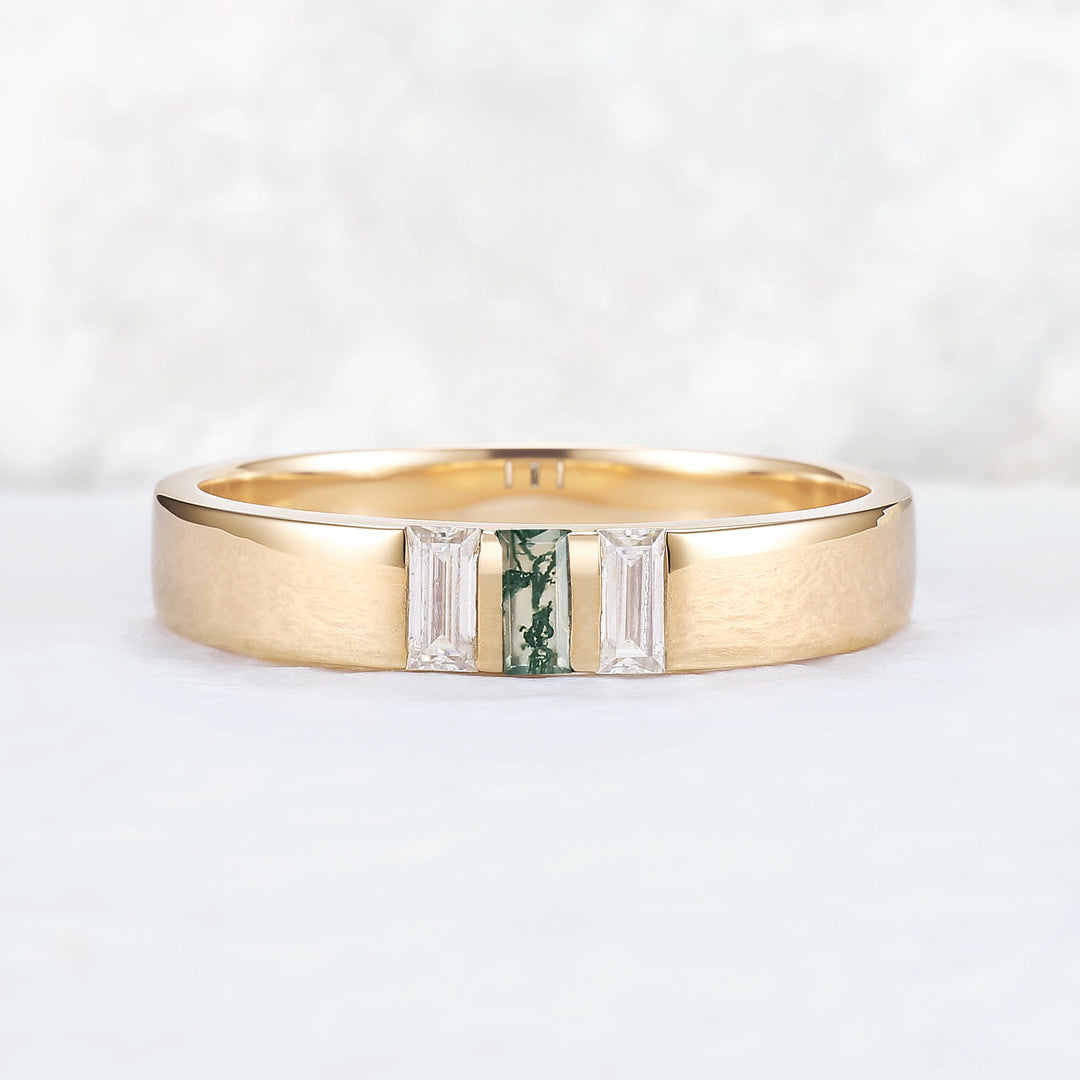 Mens Three Stones Wedding Band with Baguette Cut Moss Agate Inlay