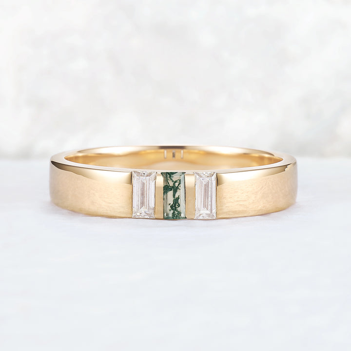Mens Three Stones Wedding Band with Baguette Cut Moss Agate Inlay