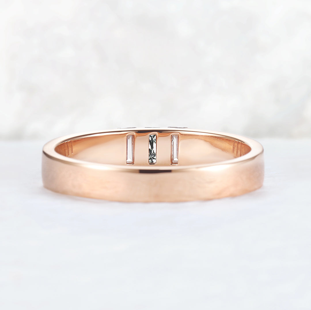 Mens Three Stones Wedding Band with Baguette Cut Moss Agate Inlay