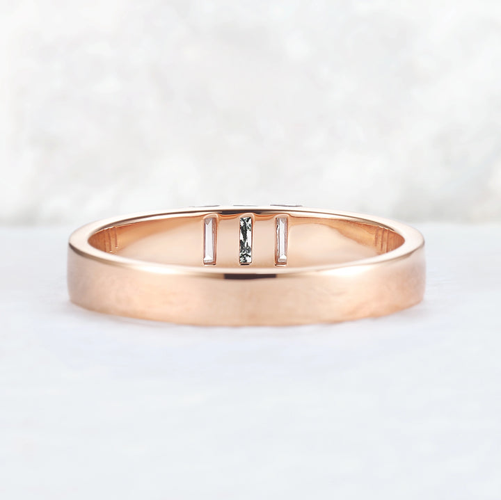Mens Three Stones Wedding Band with Baguette Cut Moss Agate Inlay