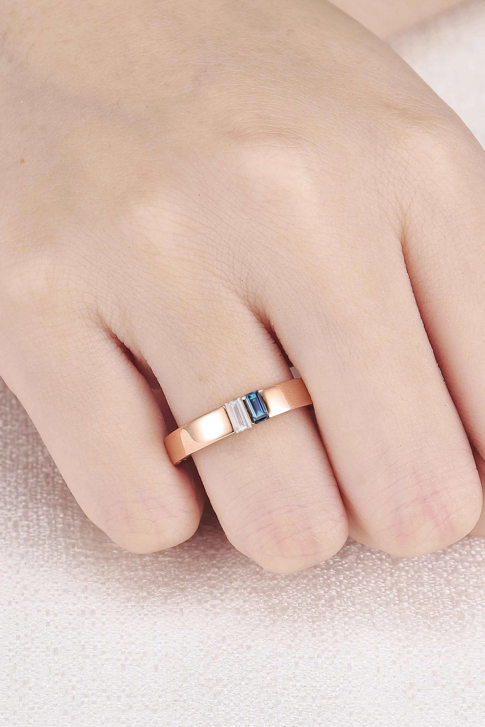 Mens Three Stones Wedding Band with Baguette Cut Moss Aagte Inlay