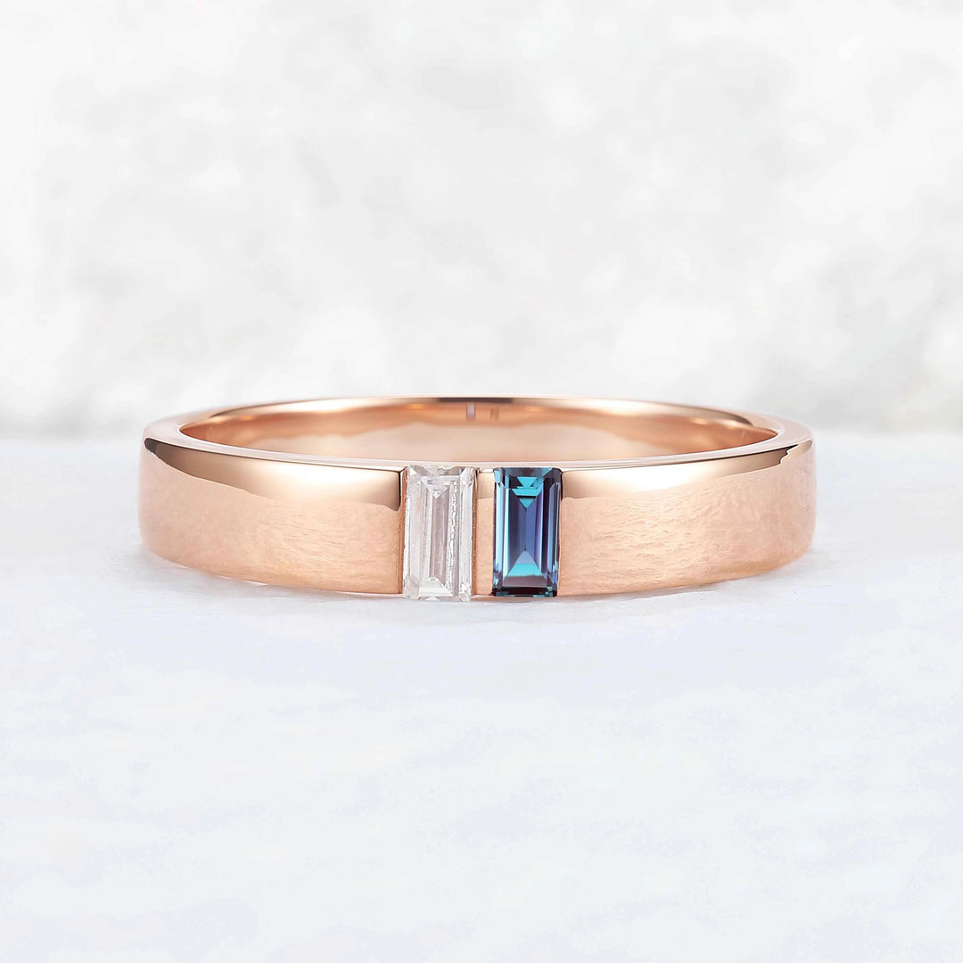 Mens Three Stones Wedding Band with Baguette Cut Moss Aagte Inlay