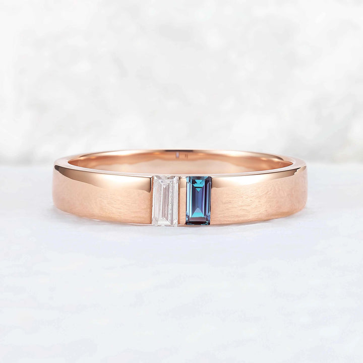 Mens Three Stones Wedding Band with Baguette Cut Moss Aagte Inlay