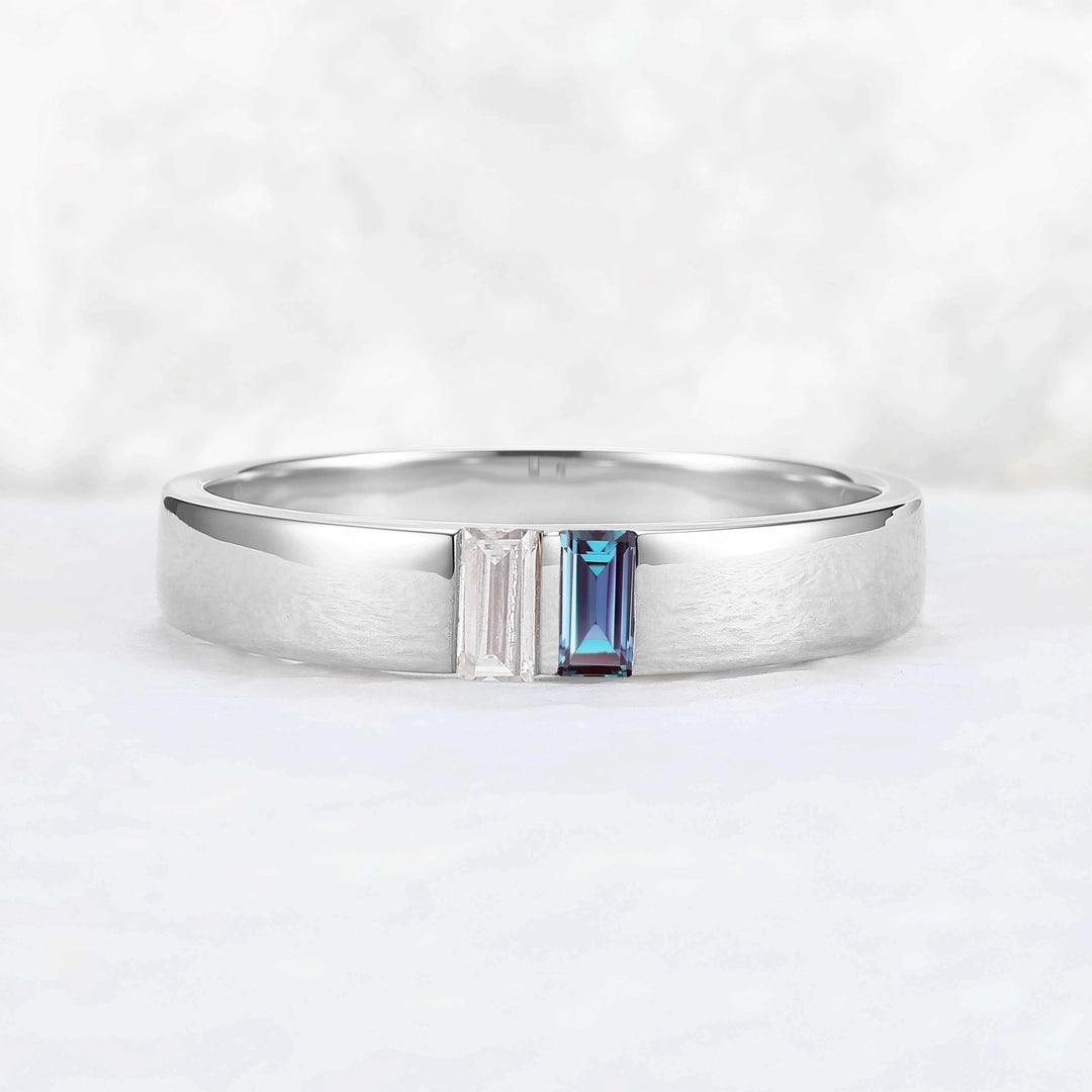 Mens Three Stones Wedding Band with Baguette Cut Moss Aagte Inlay