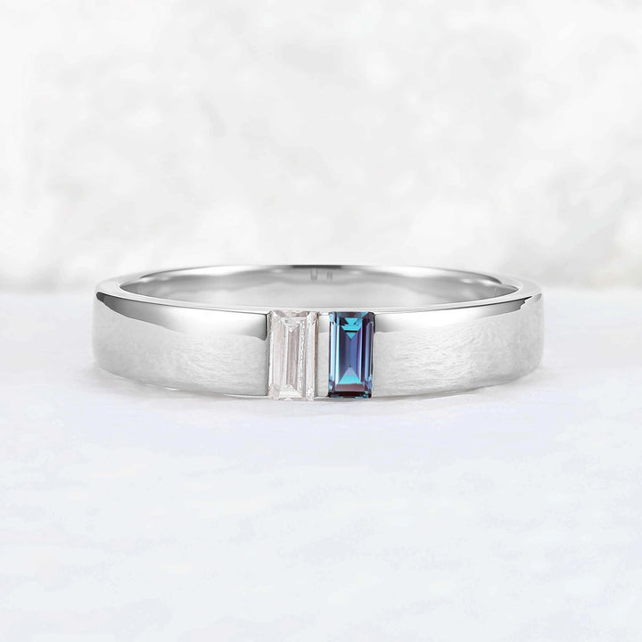 Mens Three Stones Wedding Band with Baguette Cut Moss Aagte Inlay