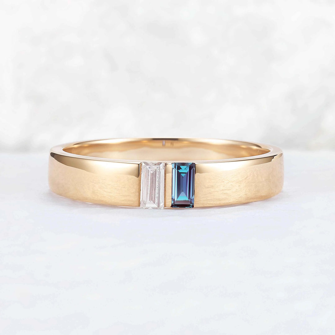Mens Three Stones Wedding Band with Baguette Cut Moss Aagte Inlay