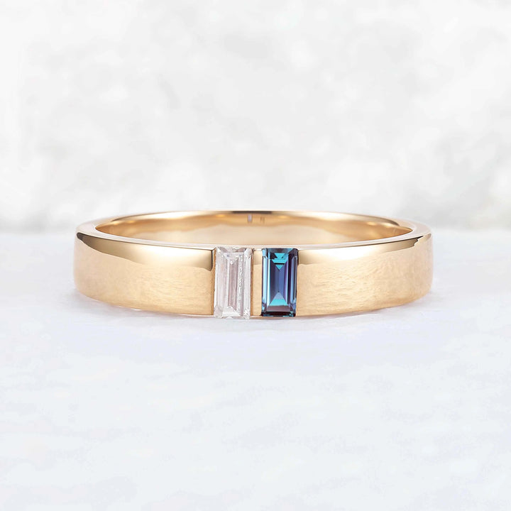 Mens Three Stones Wedding Band with Baguette Cut Moss Aagte Inlay