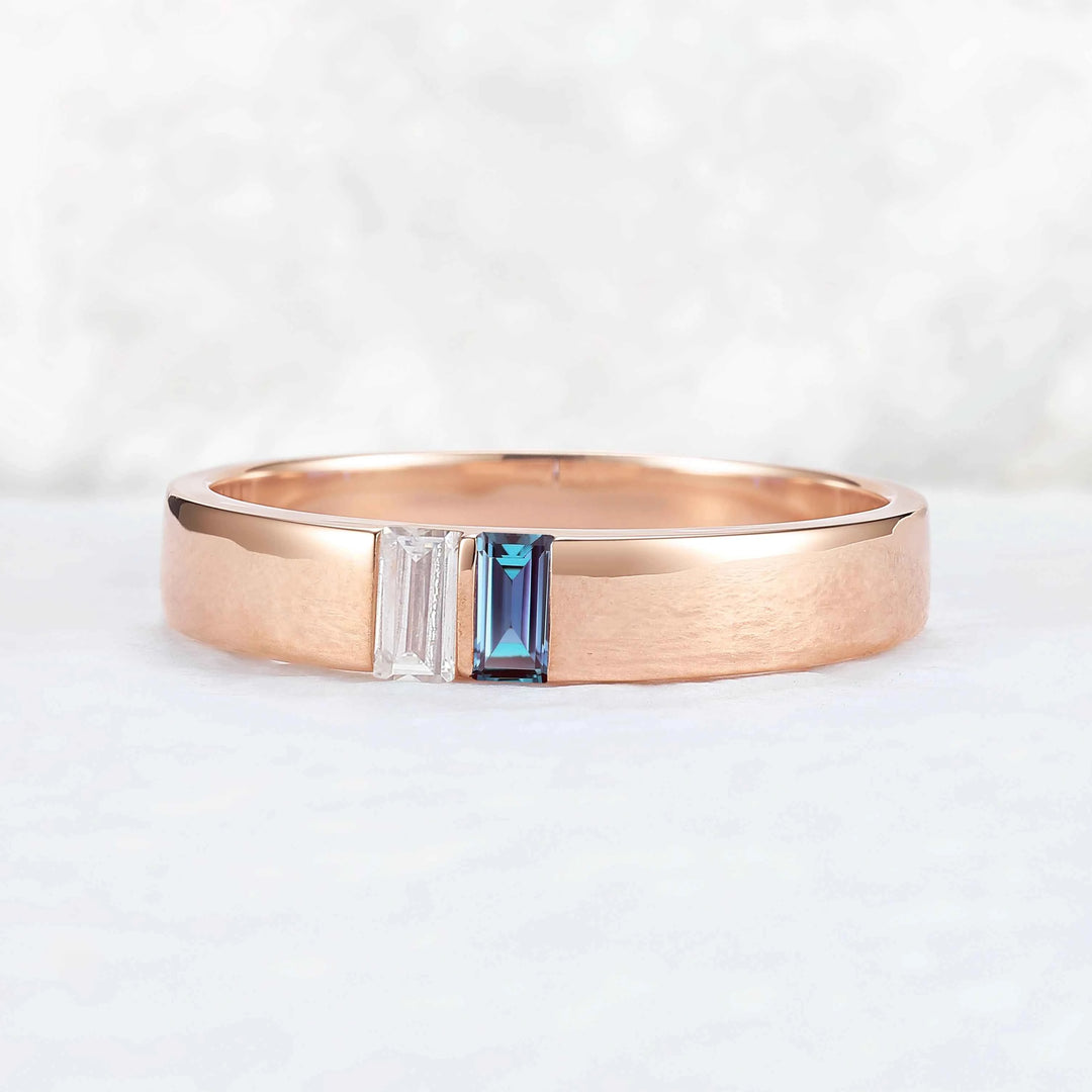 Mens Three Stones Wedding Band with Baguette Cut Moss Aagte Inlay