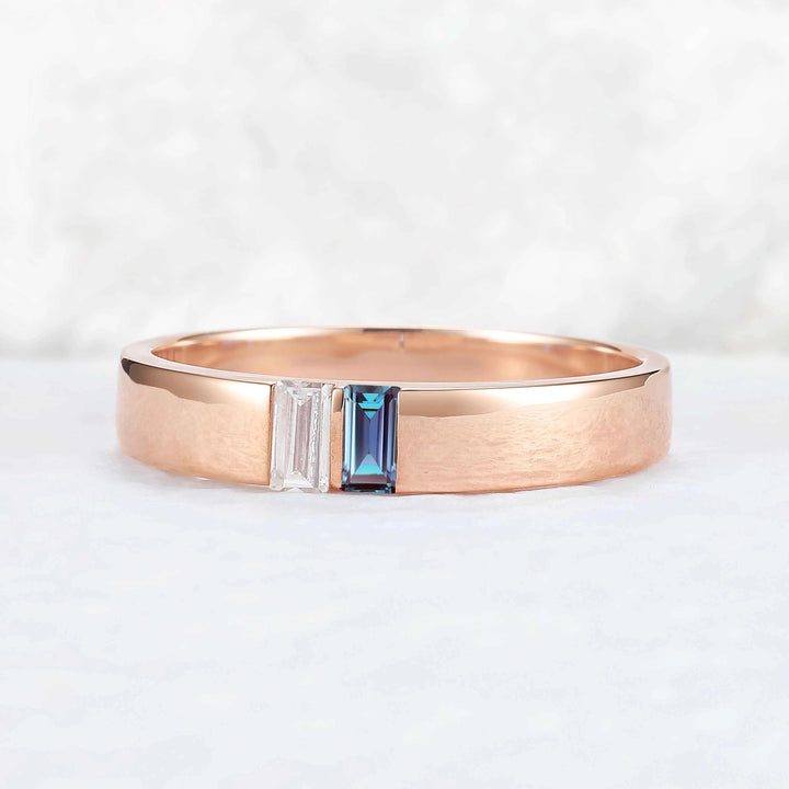 Mens Three Stones Wedding Band with Baguette Cut Moss Aagte Inlay