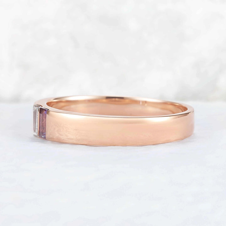 Mens Three Stones Wedding Band with Baguette Cut Moss Aagte Inlay