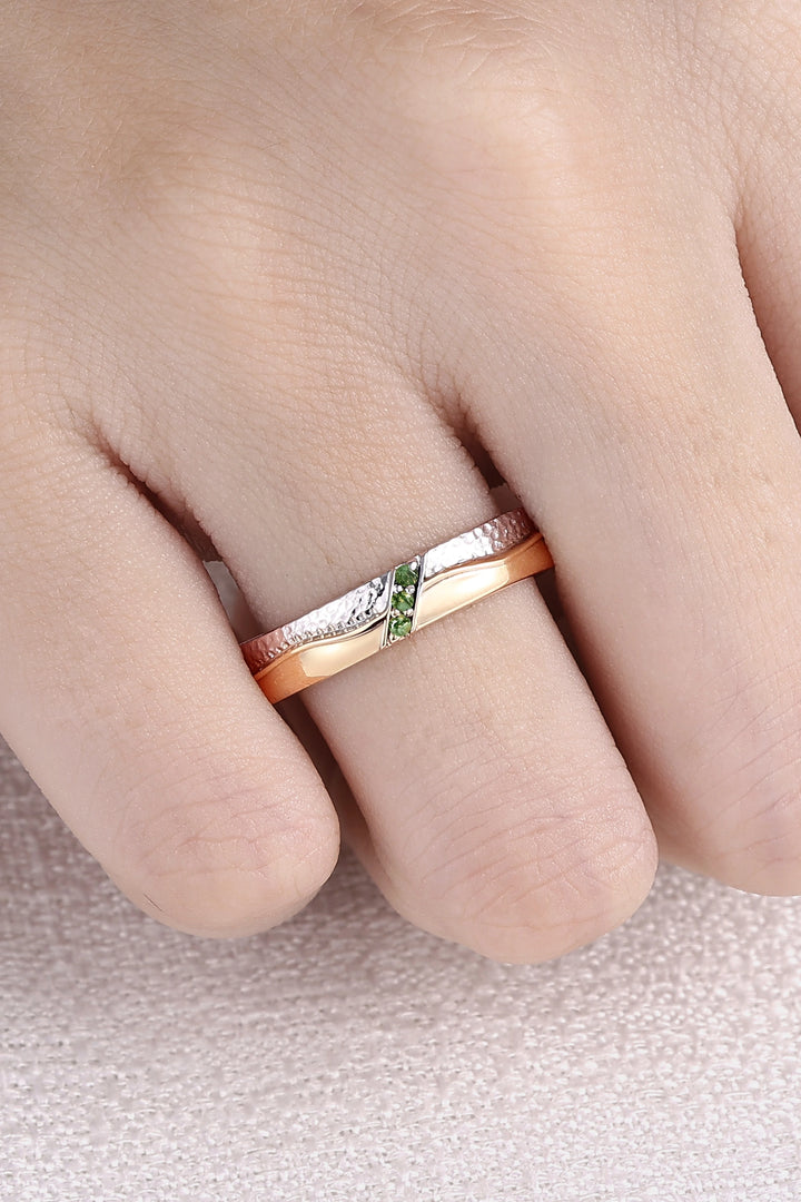 Mens Two Tone Wedding Band with Three Moss Agate Stone Inlay